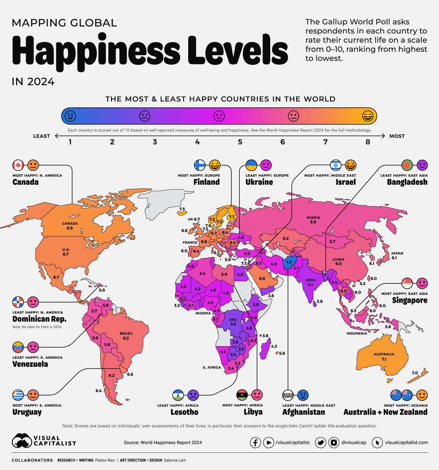 Map of Global Happiness By Country in 2024